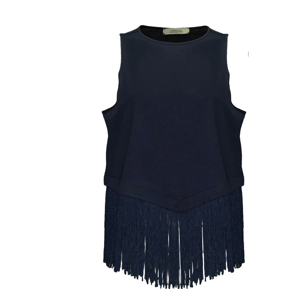 Dorothee Schumacher Fringy Moment Top Womens 2 Navy Blue Fringe Hem Sleeveless
